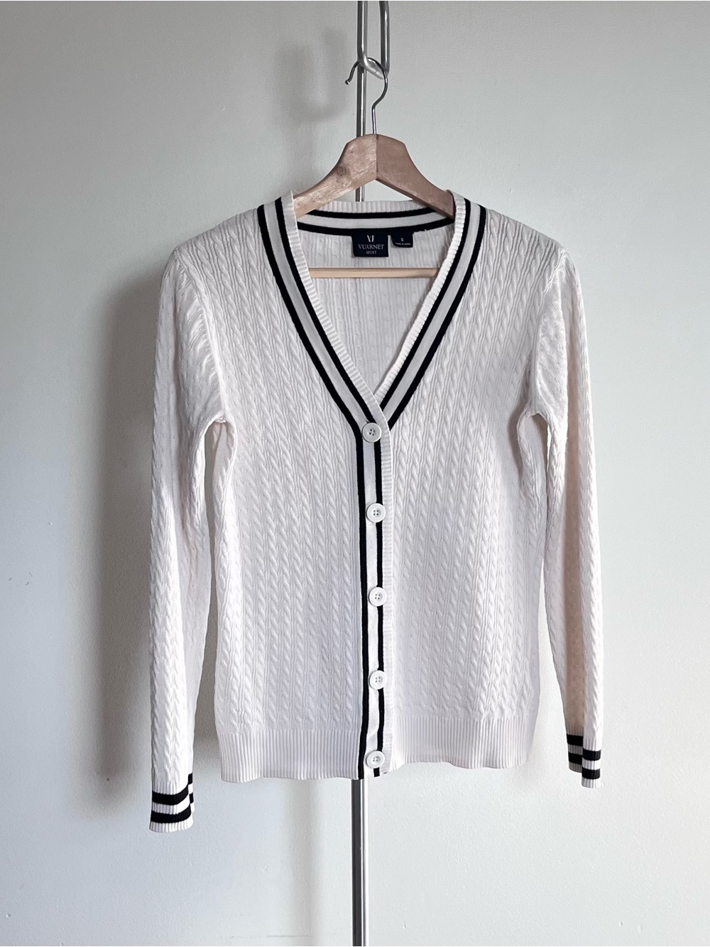 Vuarnet White Cable Knit Cardigan with Black Stripe Trim